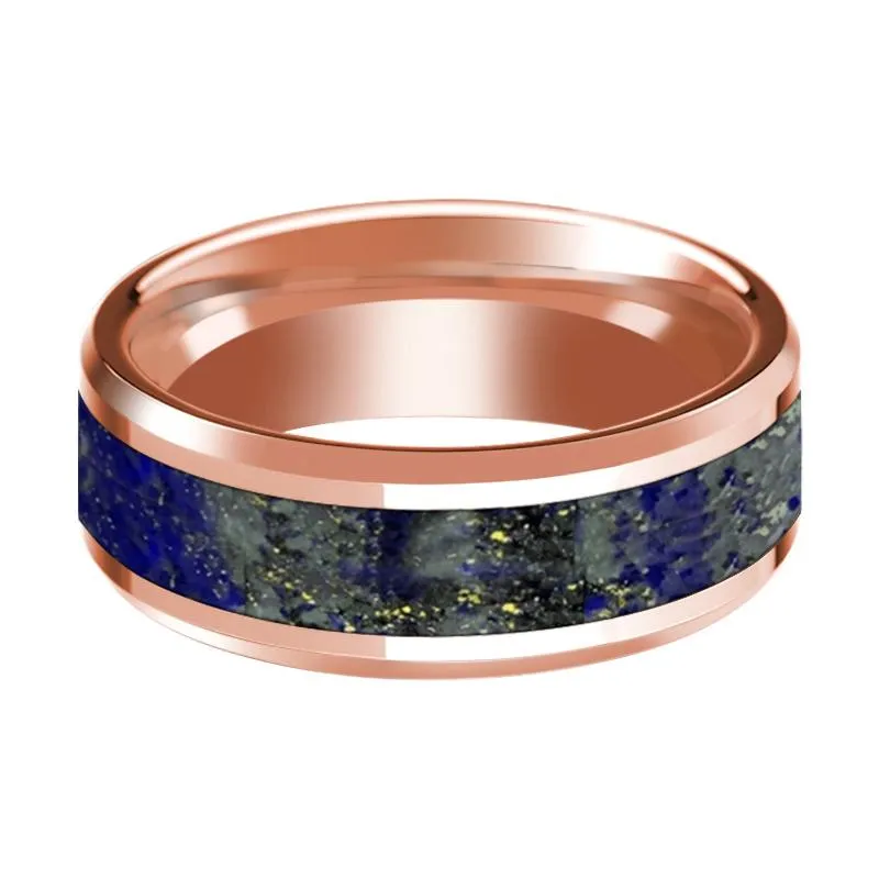 14K Rose Gold Men's Wedding Band With Lapis Inlay & Beveled Edges