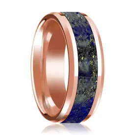 14K Rose Gold Men's Wedding Band With Lapis Inlay & Beveled Edges