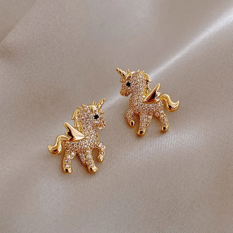 2021 New Cute Animal Stud Earrings for Women Temperament Horse Kitten Owl Pearl Rhinestone Earring Girls Birthday Party Jewelry