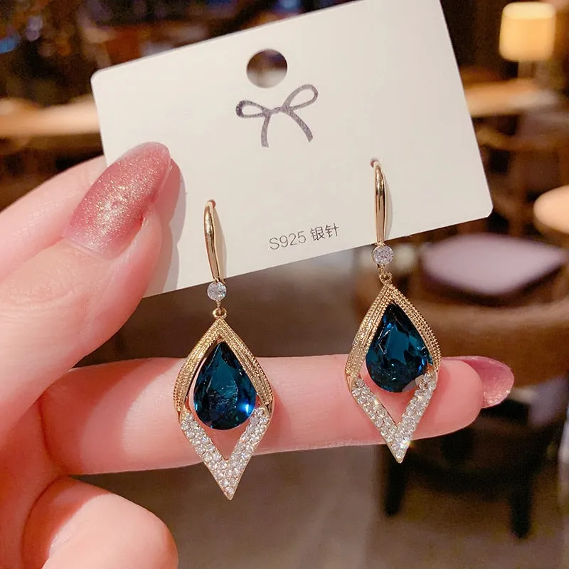 2021 New Luxury Fashion Jewelry Boho Style Blue Crystal Drop Earrings for Women's Gold Color  Color Bridal Earrings Jewelry Gift