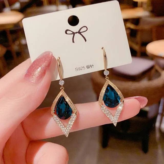 2021 New Luxury Fashion Jewelry Boho Style Blue Crystal Drop Earrings for Women's Gold Color  Color Bridal Earrings Jewelry Gift