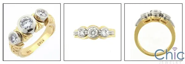 Anniversary 1 Carat Round Cubic Zirconia Bezel Two Tone Gold Engraved Ring