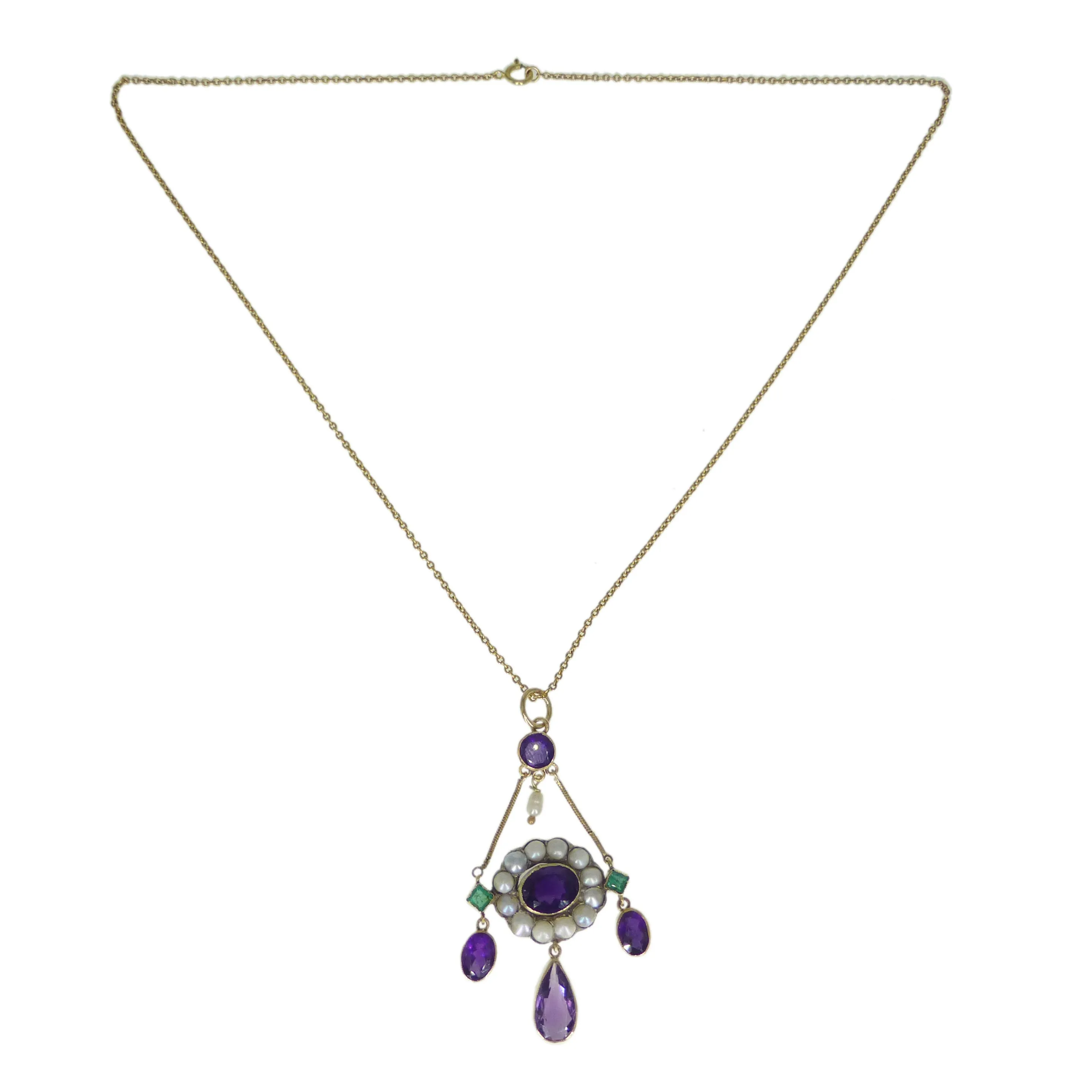 Antique 15ct Gold Amethyst Emerald Pendant Necklace