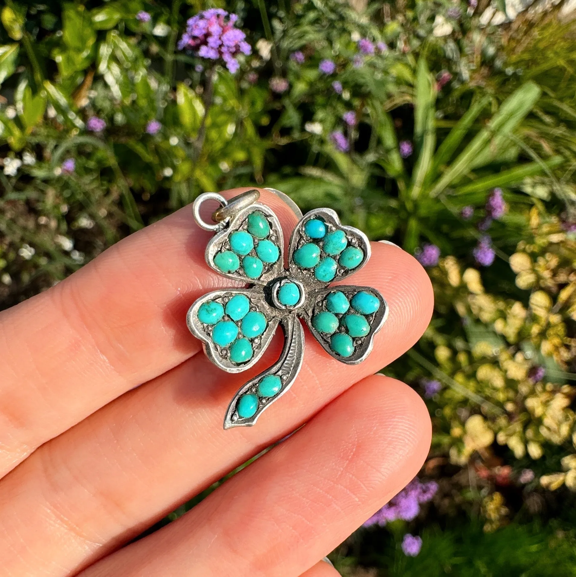 Antique Edwardian Silver Turquoise Clover Pendant