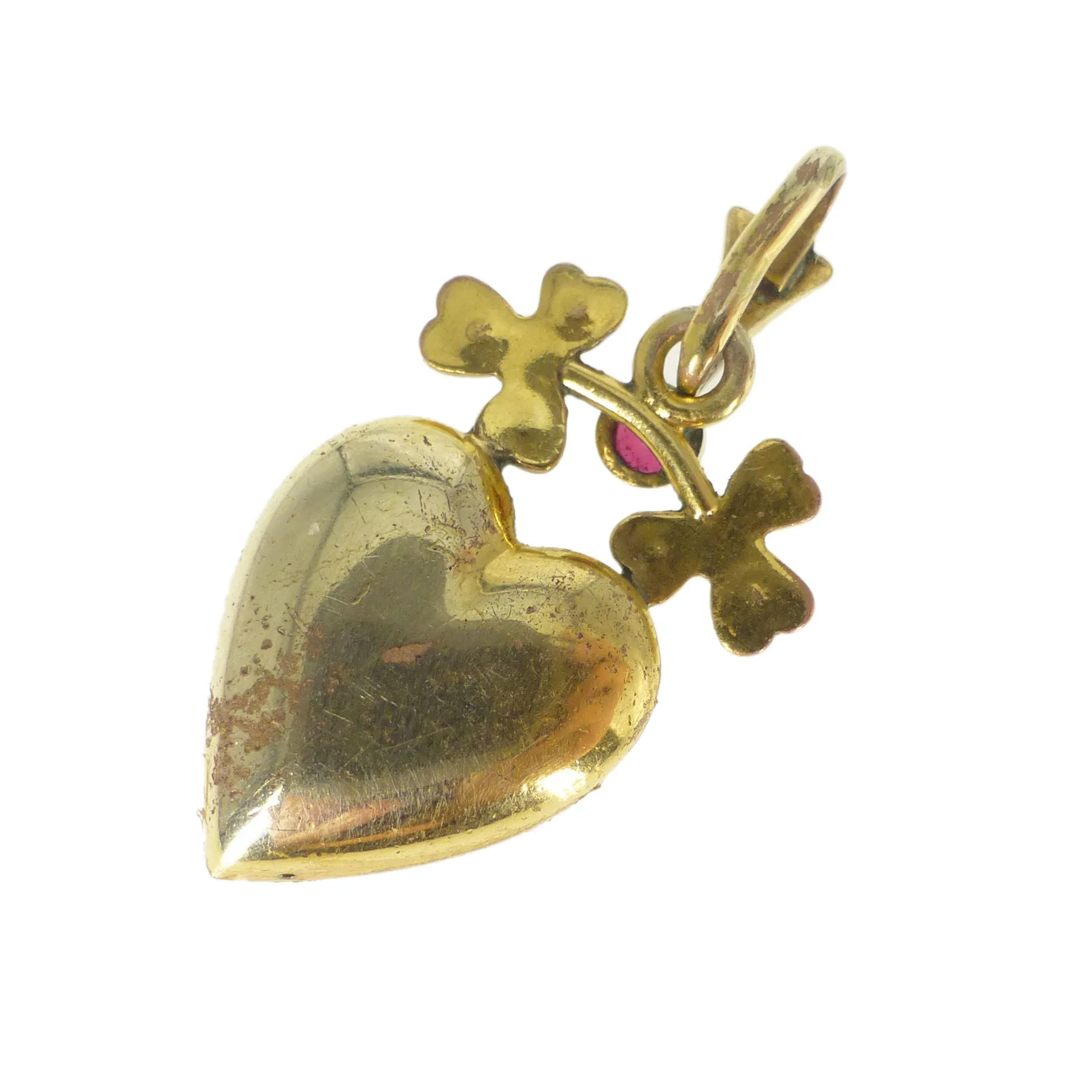 Antique Gold Plated Lucky Clover Pearl Heart Charm