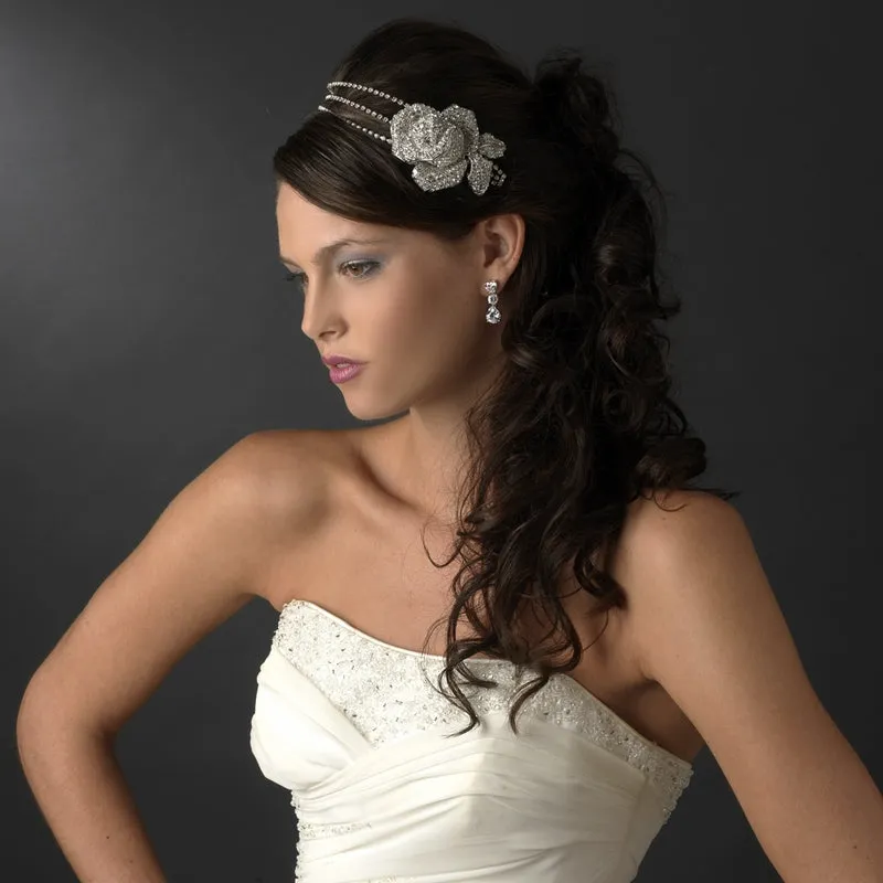 Antique Silver Crystal Encrusted Flower Bridal Headband