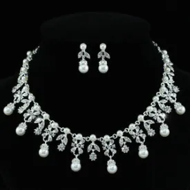 Bridal Faux Pearl Flower Necklace Earrings Set XS1217