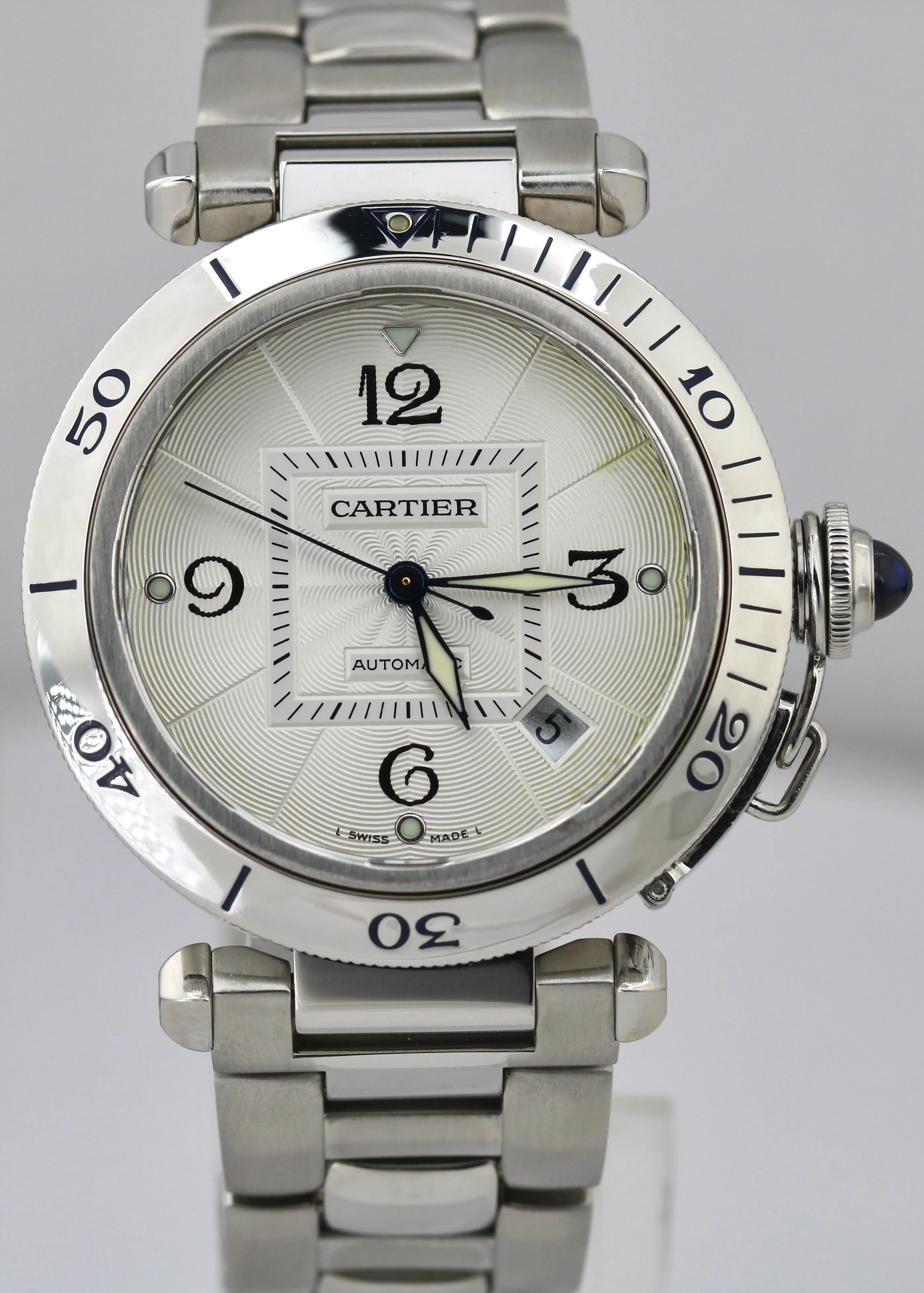 Cartier Pasha Seatimer SILVER GUILLOCHE 38mm Stainless Steel Date Automatic 2379