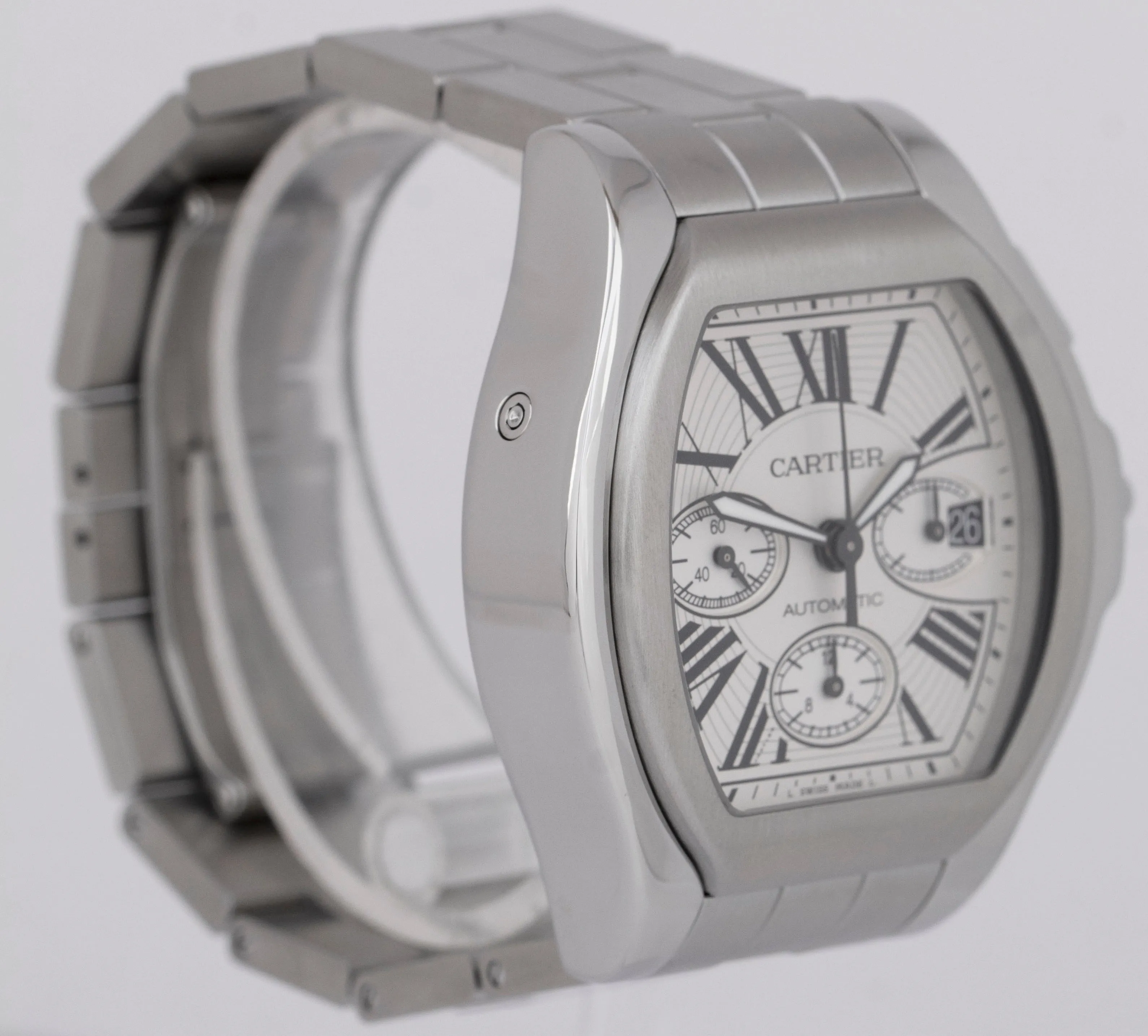 Cartier Roadster Silver Roman 44mm Steel Chronograph Watch 3405 / W6206019 BOX