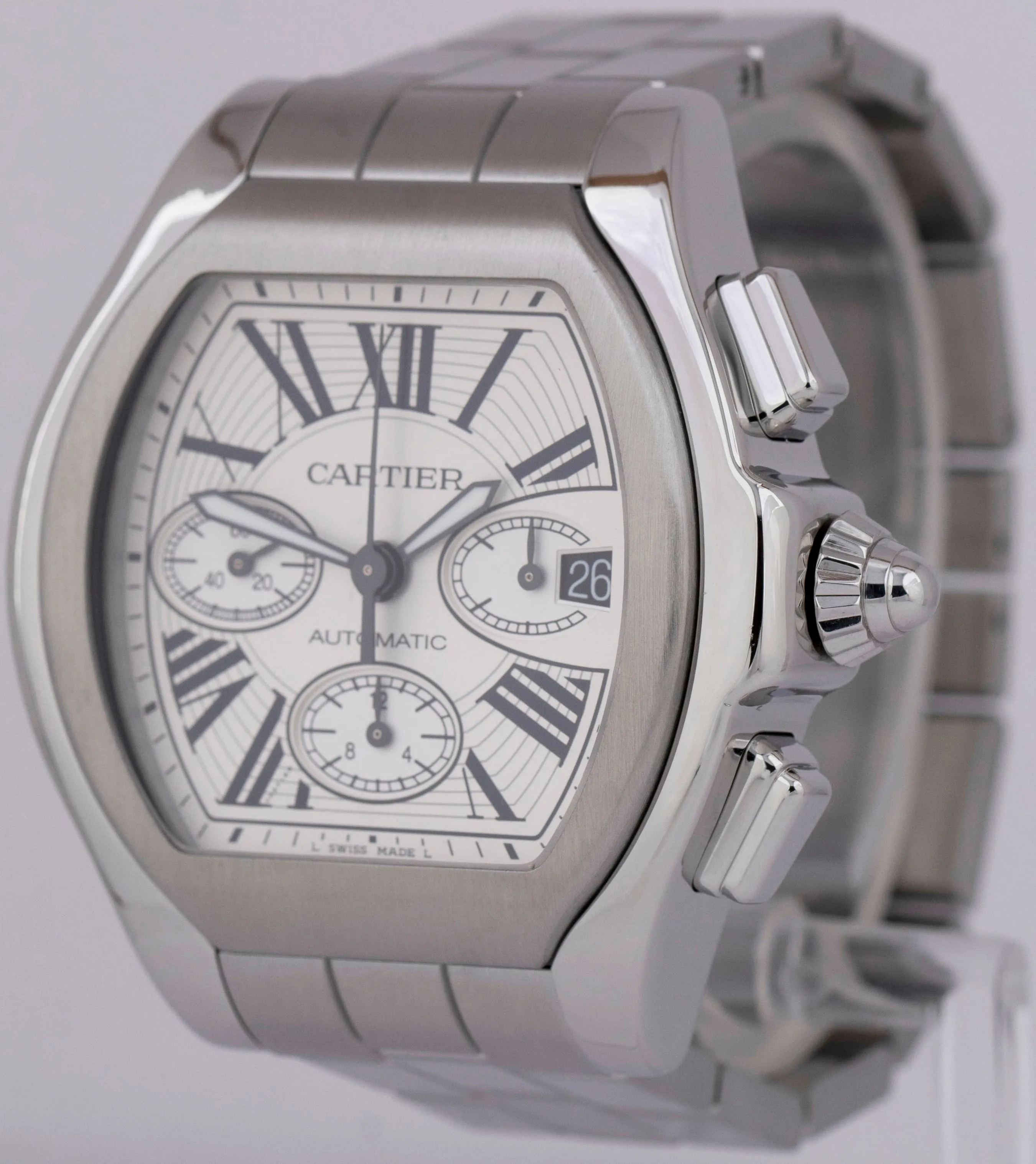 Cartier Roadster Silver Roman 44mm Steel Chronograph Watch 3405 / W6206019 BOX