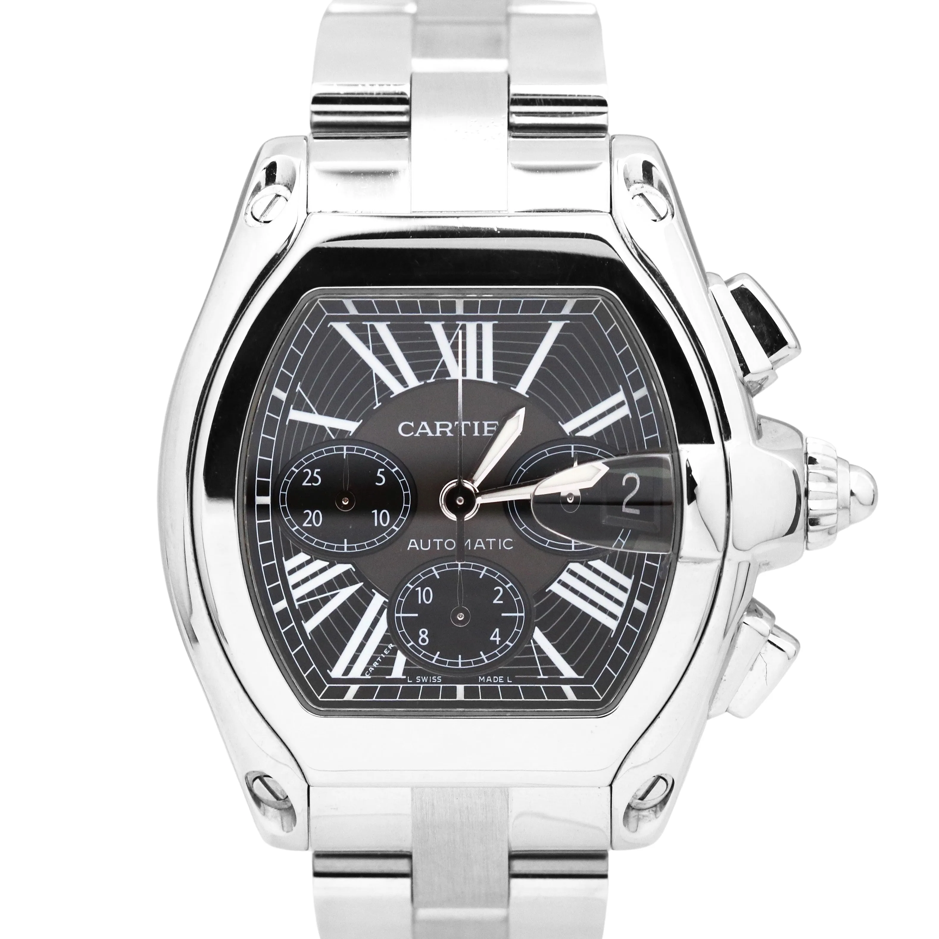 Cartier Roadster XL Stainless Steel BLACK Roman Chronograph Watch 2618 W62019X6