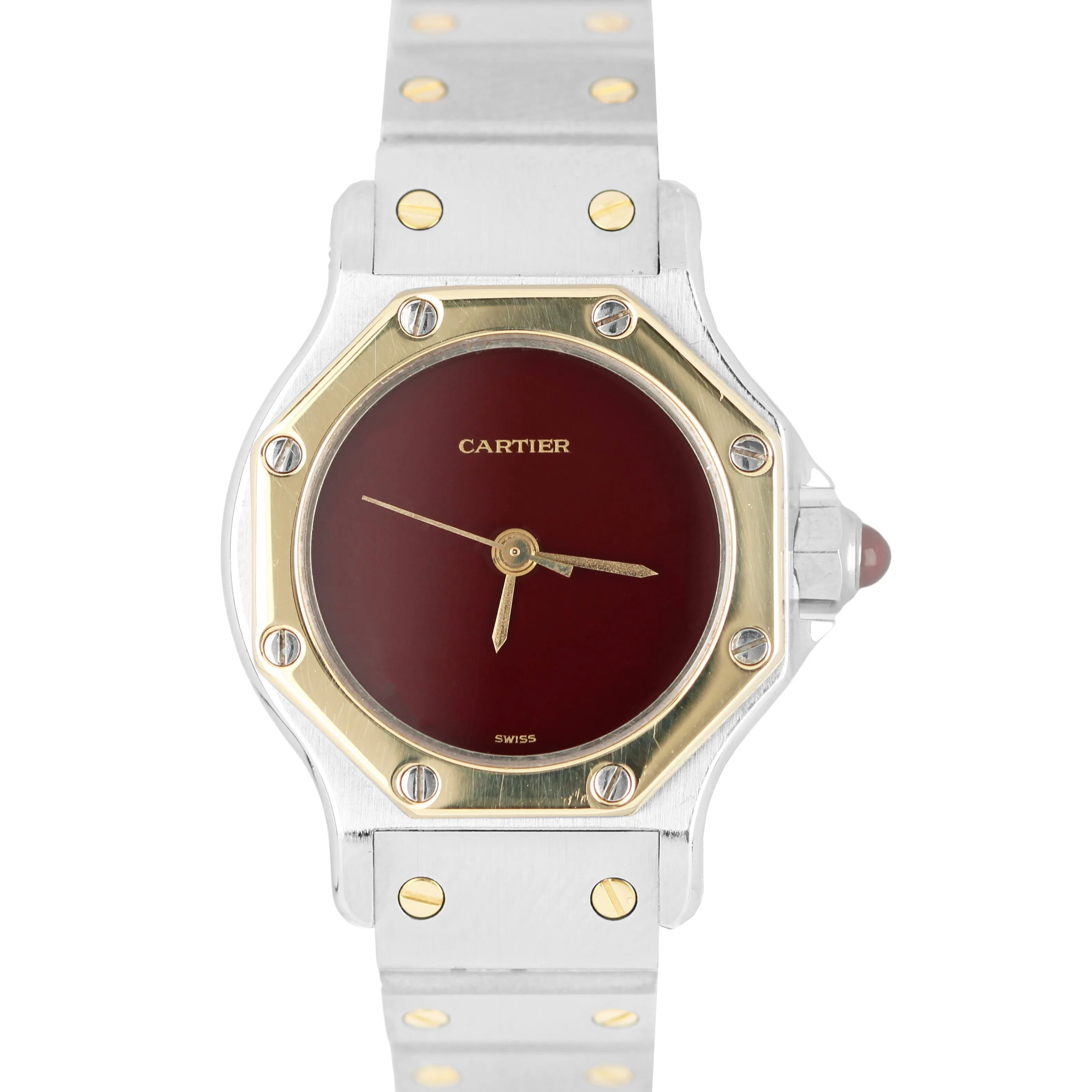 Cartier Santos Octagon Two Tone 18k Gold Stainless Burgundy 26mm 2966 Watch