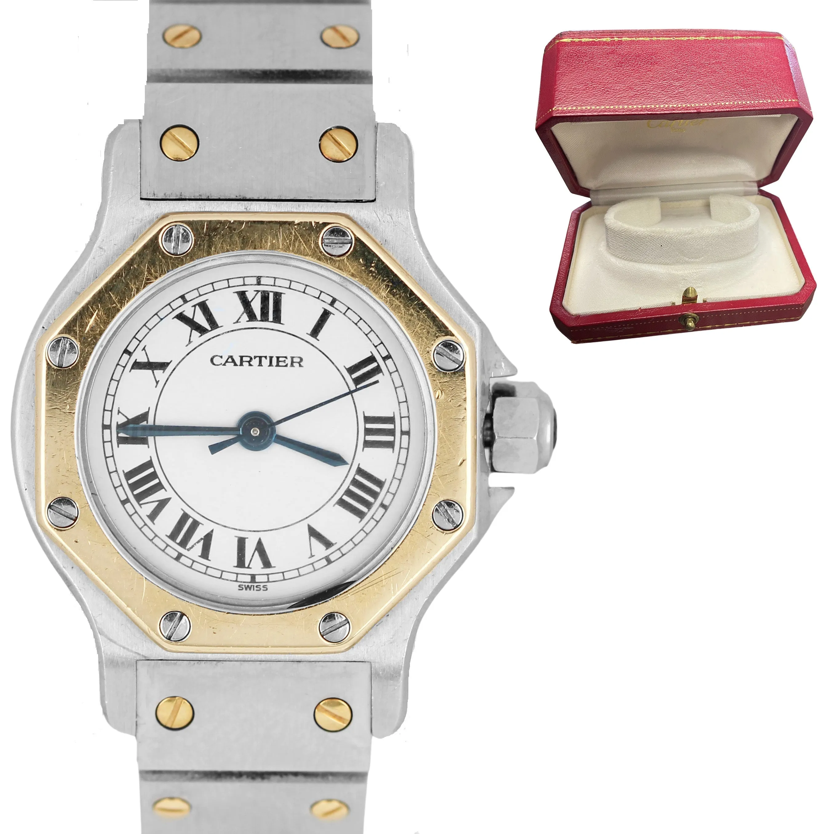 Cartier Santos Octagon Two Tone Stainless 18k Yellow Gold White 25mm 0907 Watch