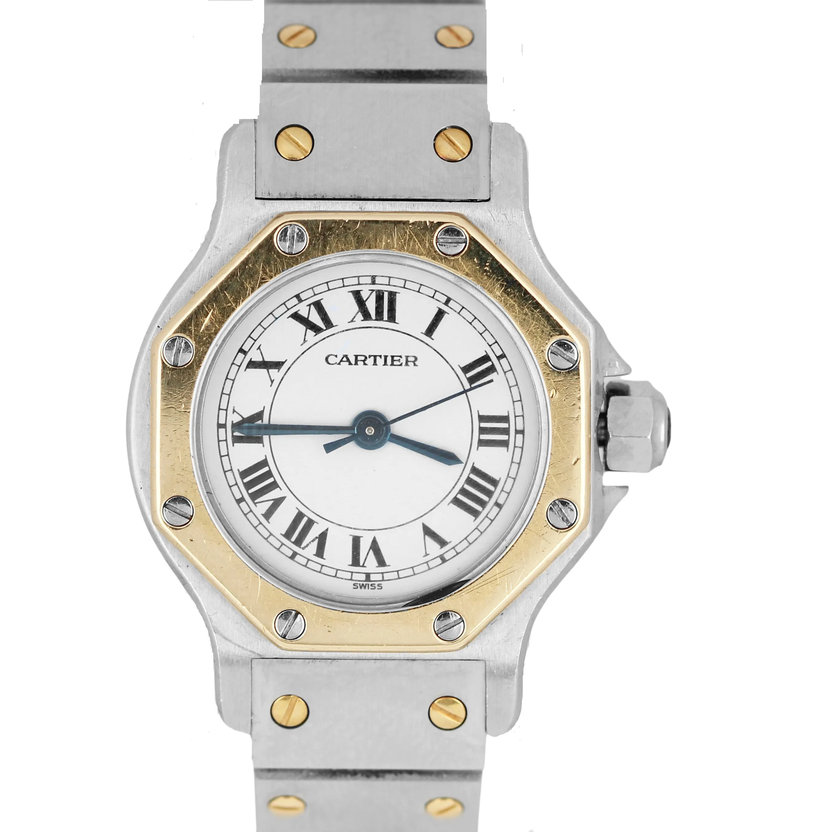 Cartier Santos Octagon Two Tone Stainless 18k Yellow Gold White 25mm 0907 Watch