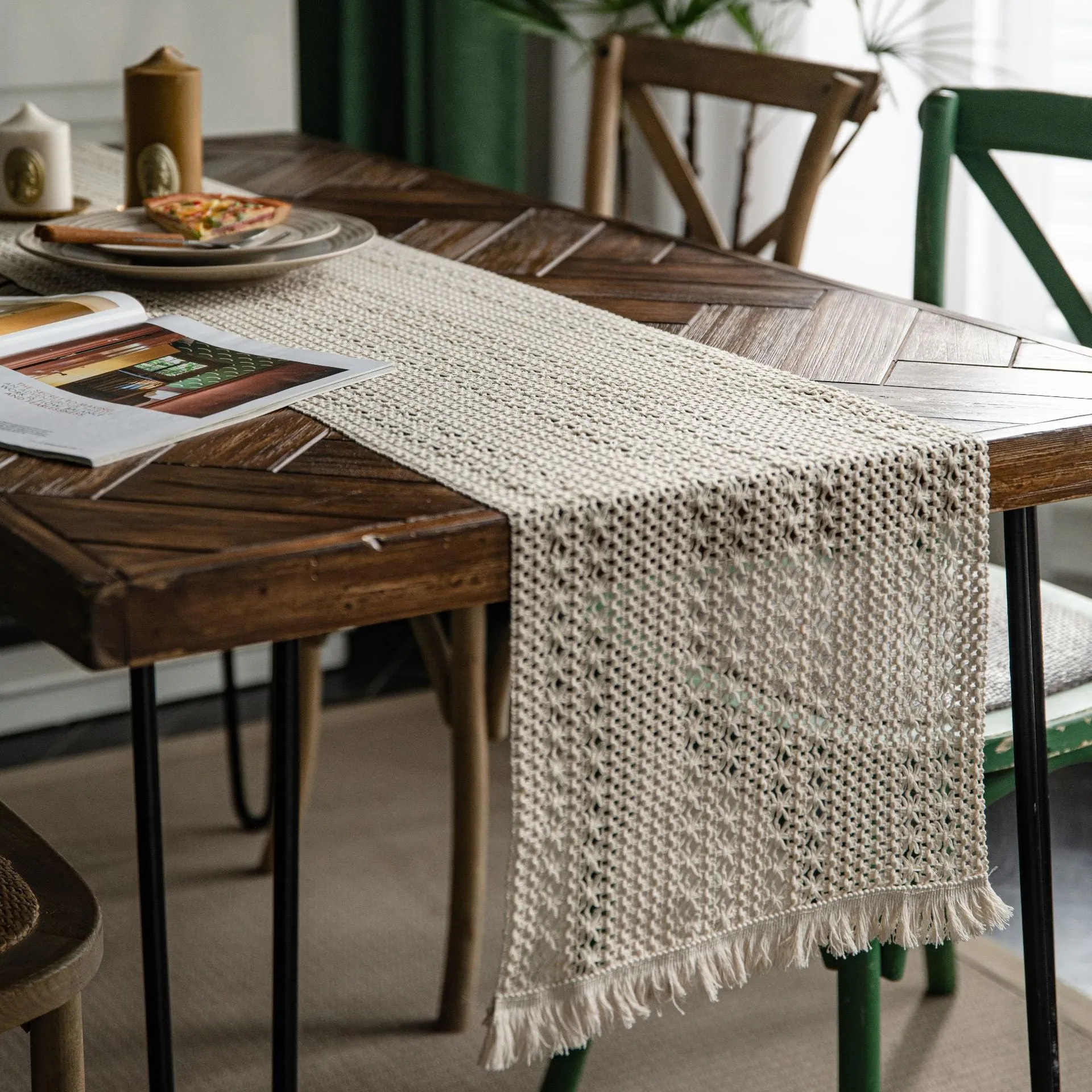 Cotton and Linen Table Runner Striped Stitching Two-Color Woven Tassel Natural Material American Tablecloth