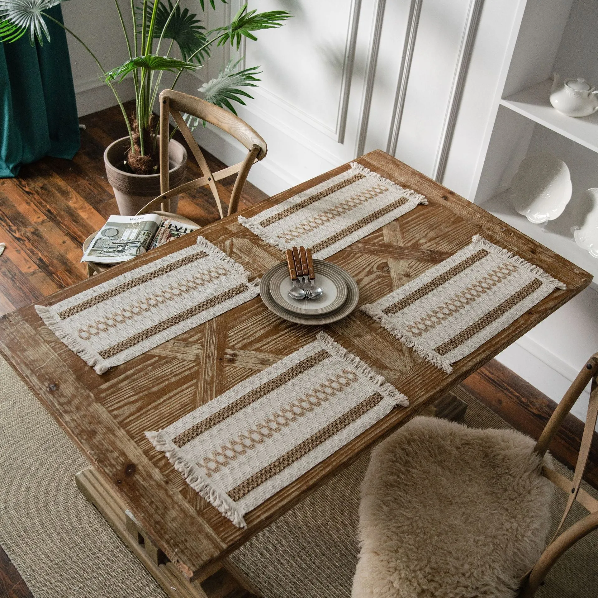 Cotton and Linen Table Runner Striped Stitching Two-Color Woven Tassel Natural Material American Tablecloth