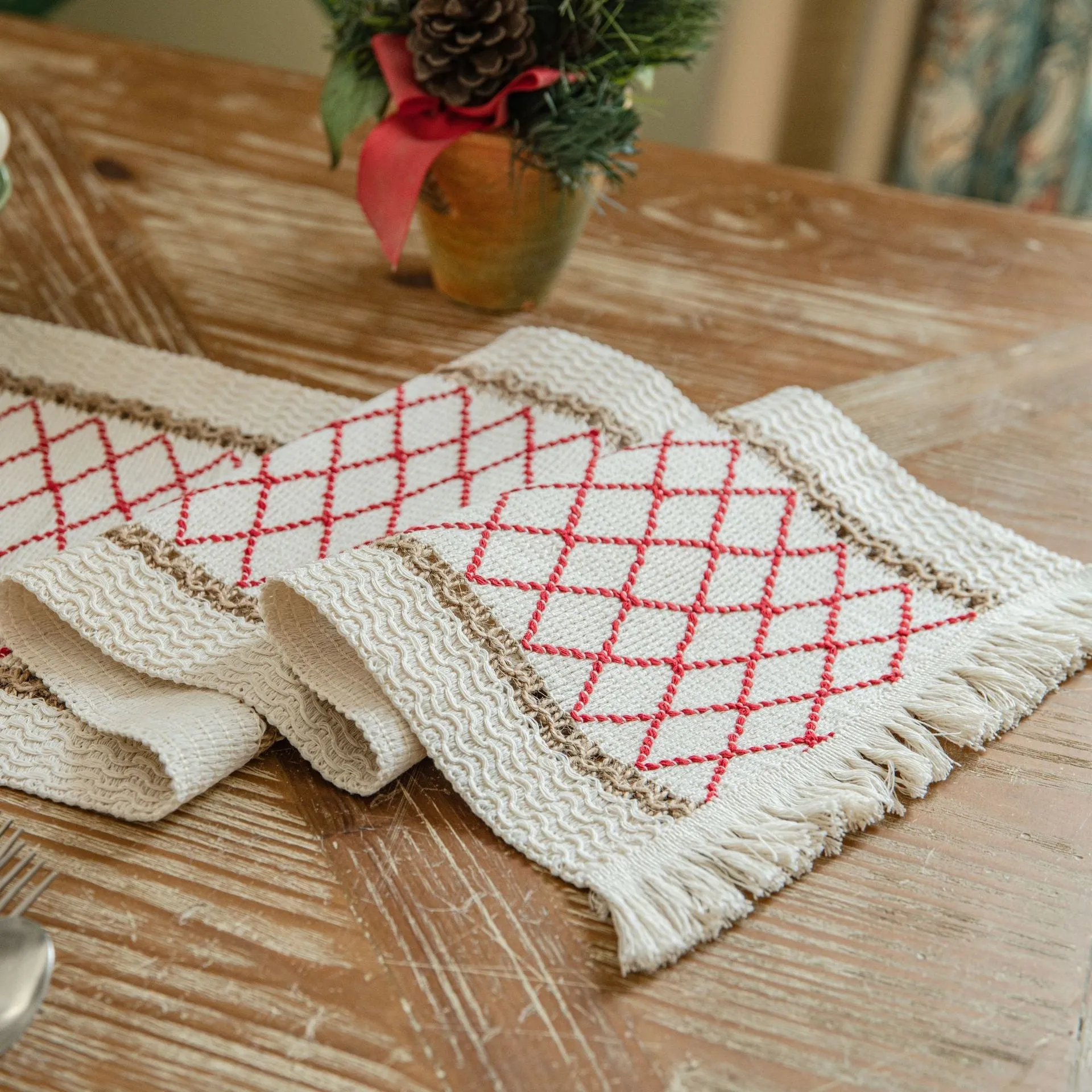 Cotton and Linen Table Runner Striped Stitching Two-Color Woven Tassel Natural Material American Tablecloth