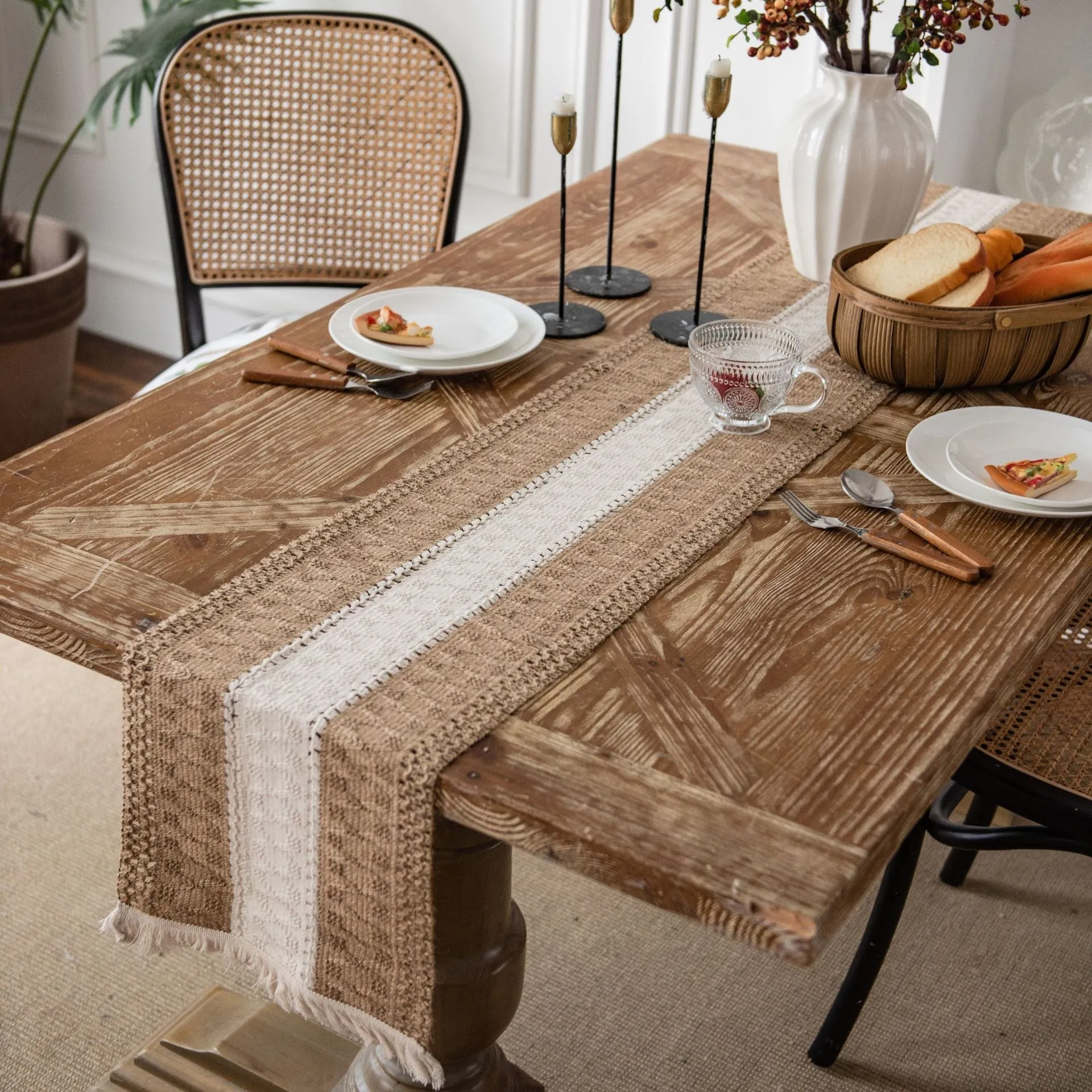 Cotton and Linen Table Runner Striped Stitching Two-Color Woven Tassel Natural Material American Tablecloth