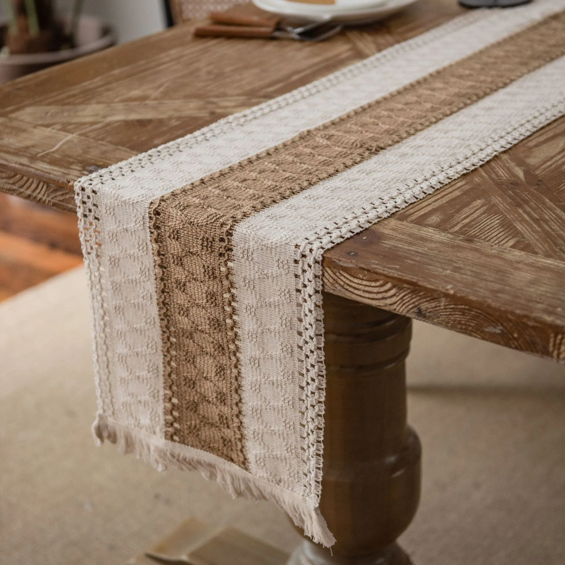 Cotton and Linen Table Runner Striped Stitching Two-Color Woven Tassel Natural Material American Tablecloth