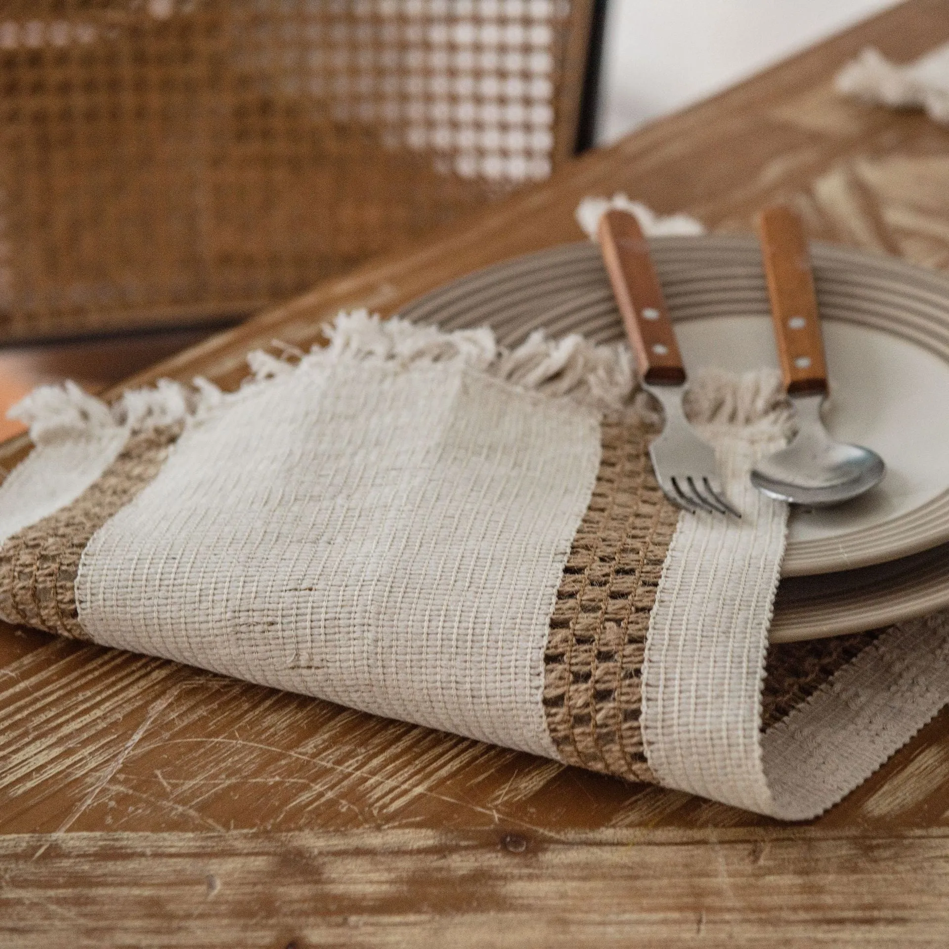 Cotton and Linen Table Runner Striped Stitching Two-Color Woven Tassel Natural Material American Tablecloth