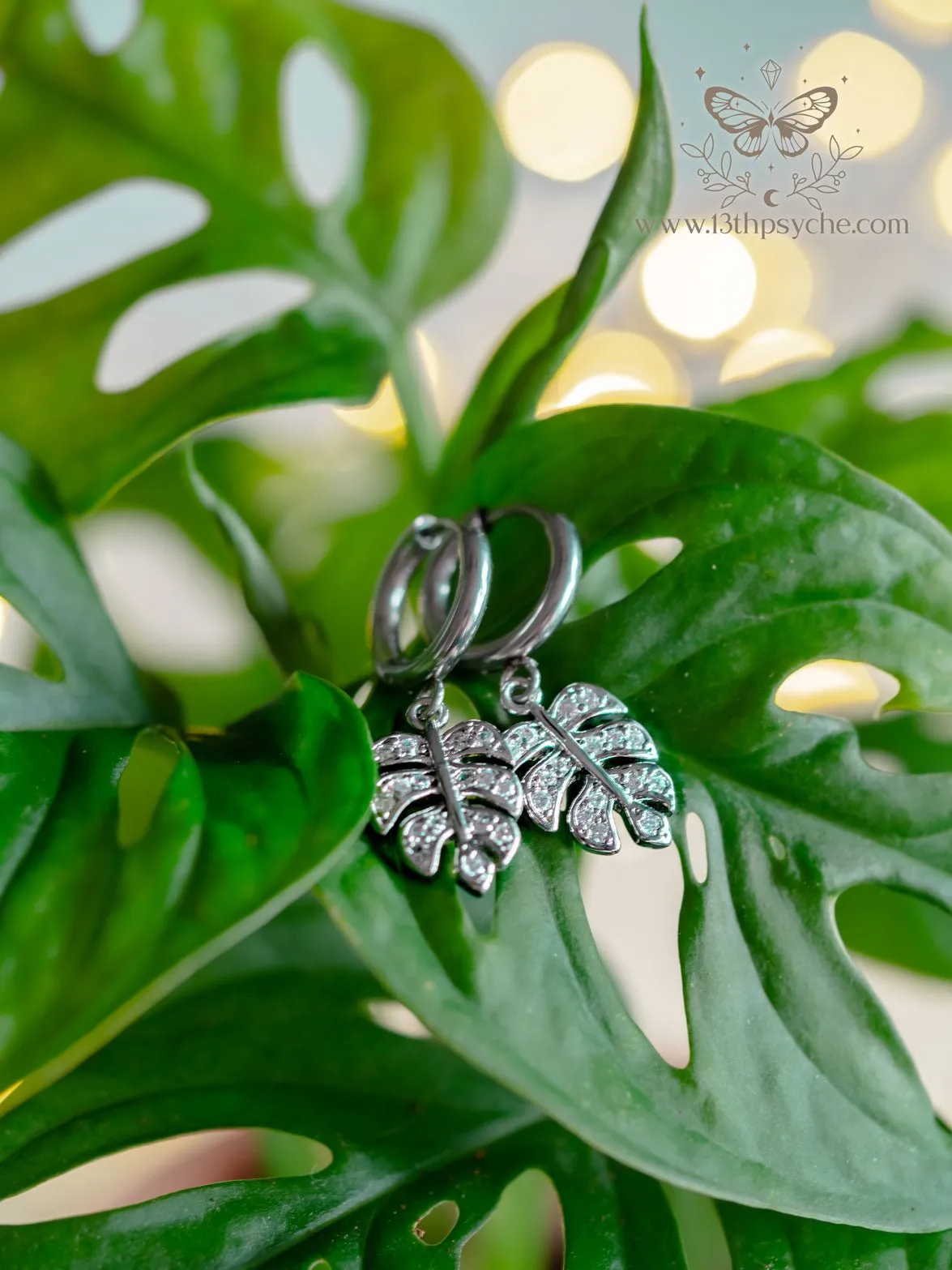 Cubic Zirconia monstera leaf huggie hoop earrings