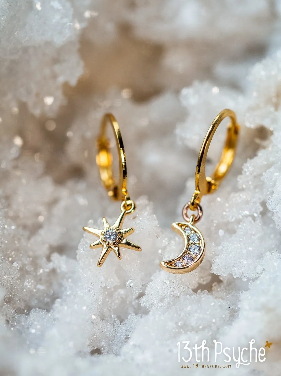 Cubic Zirconia moon and star gold huggie hoop earrings