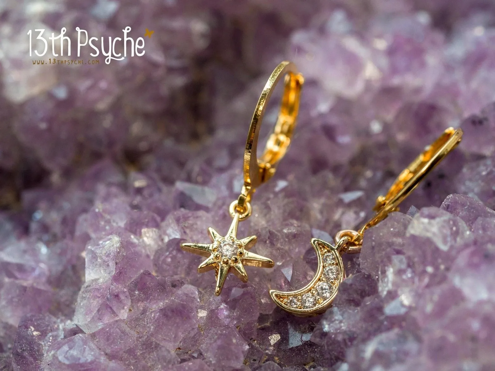 Cubic Zirconia moon and star gold huggie hoop earrings