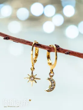 Cubic Zirconia moon and star gold huggie hoop earrings