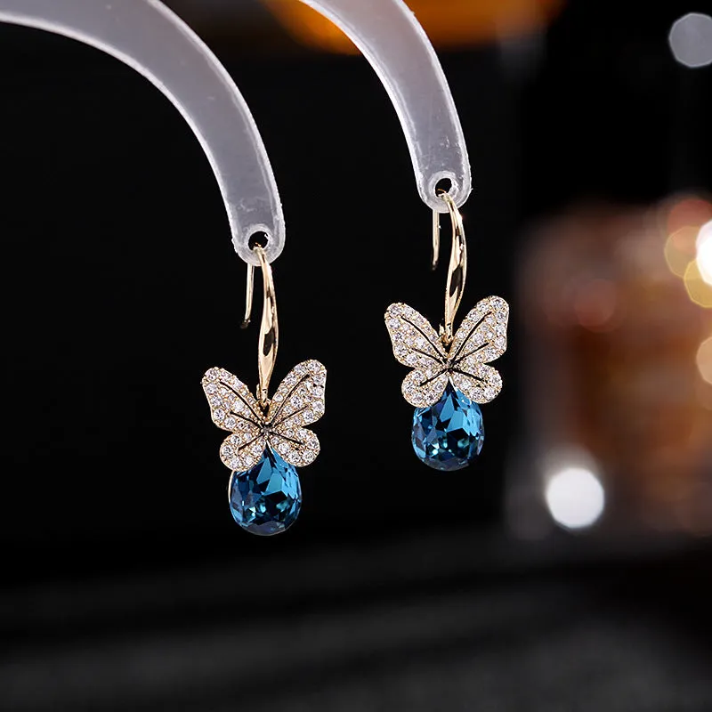 Elegant earrings, blue crystal butterfly earrings