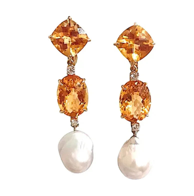 Elegant Three-Stone Drop Earring with Citrine and Baroque Pear and Diamonds