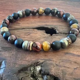 Empowerment: Men's Boho Bracelet with Tiger Eye, Pyrite, Buri Wood and Onyx