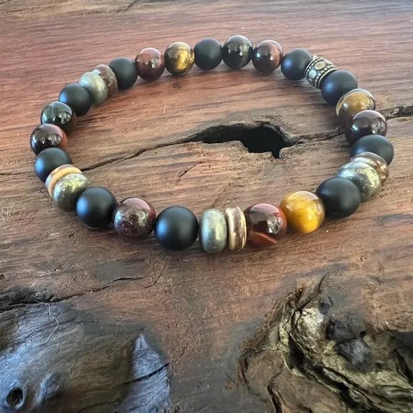 Empowerment: Men's Boho Bracelet with Tiger Eye, Pyrite, Buri Wood and Onyx