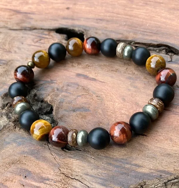 Empowerment: Men's Boho Bracelet with Tiger Eye, Pyrite, Buri Wood and Onyx