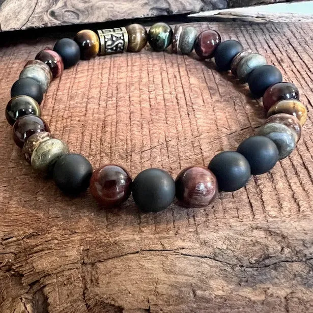 Empowerment: Men's Boho Bracelet with Tiger Eye, Pyrite, Buri Wood and Onyx