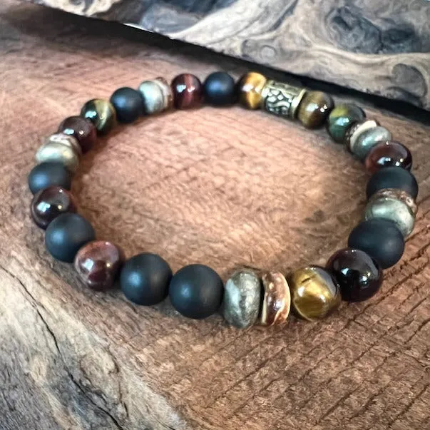 Empowerment: Men's Boho Bracelet with Tiger Eye, Pyrite, Buri Wood and Onyx