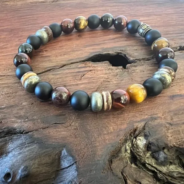 Empowerment: Men's Boho Bracelet with Tiger Eye, Pyrite, Buri Wood and Onyx