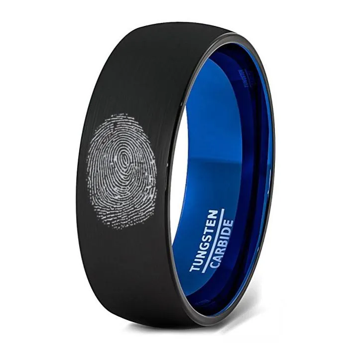 Finger Print Engraved Two Tone Black Brushed Men's Tungsten Wedding Band with Blue Interior Domed- 8MM