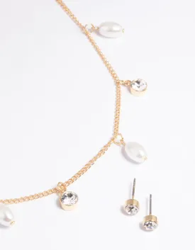 Gold Pearl Diamante Droplet Necklace & Earrings Set