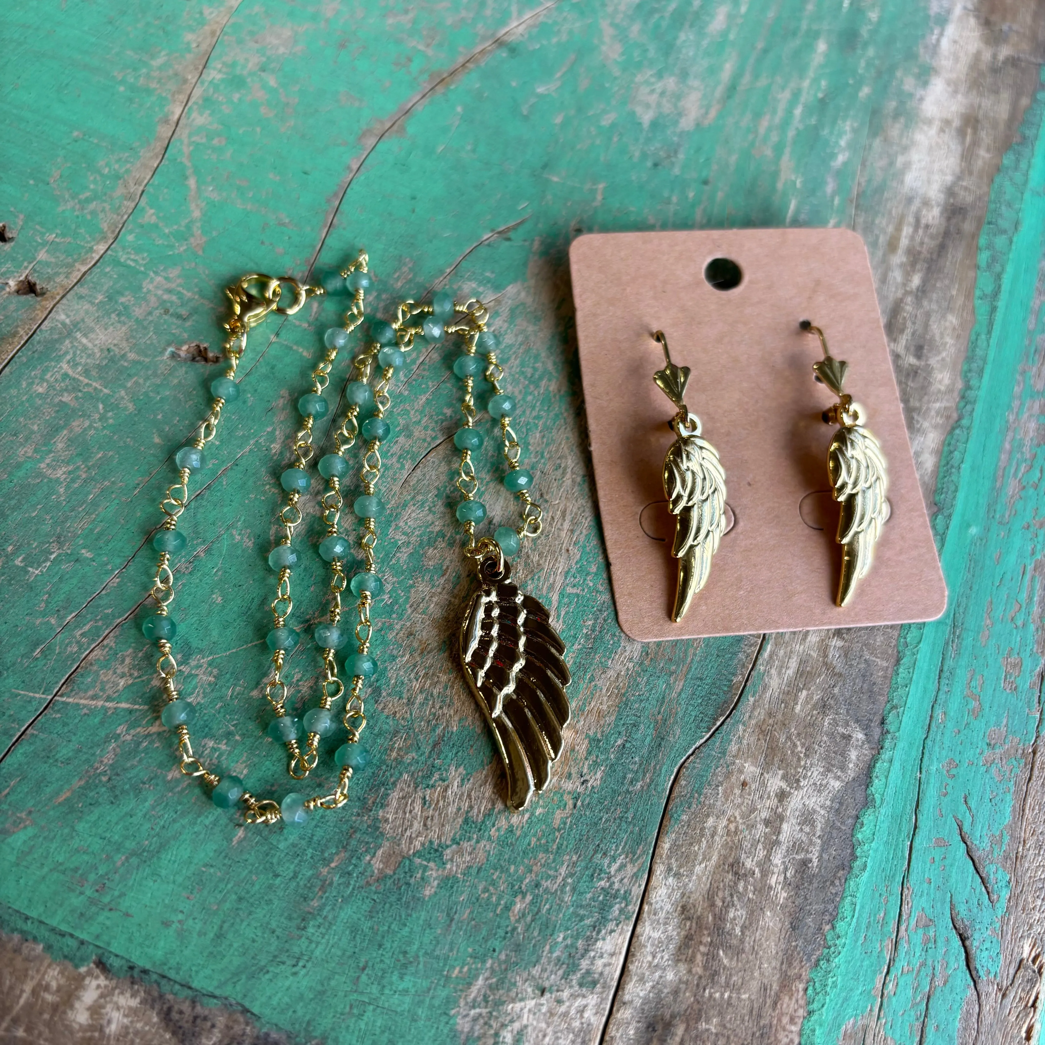 Green Jade Angel Wing Necklace or Earrings