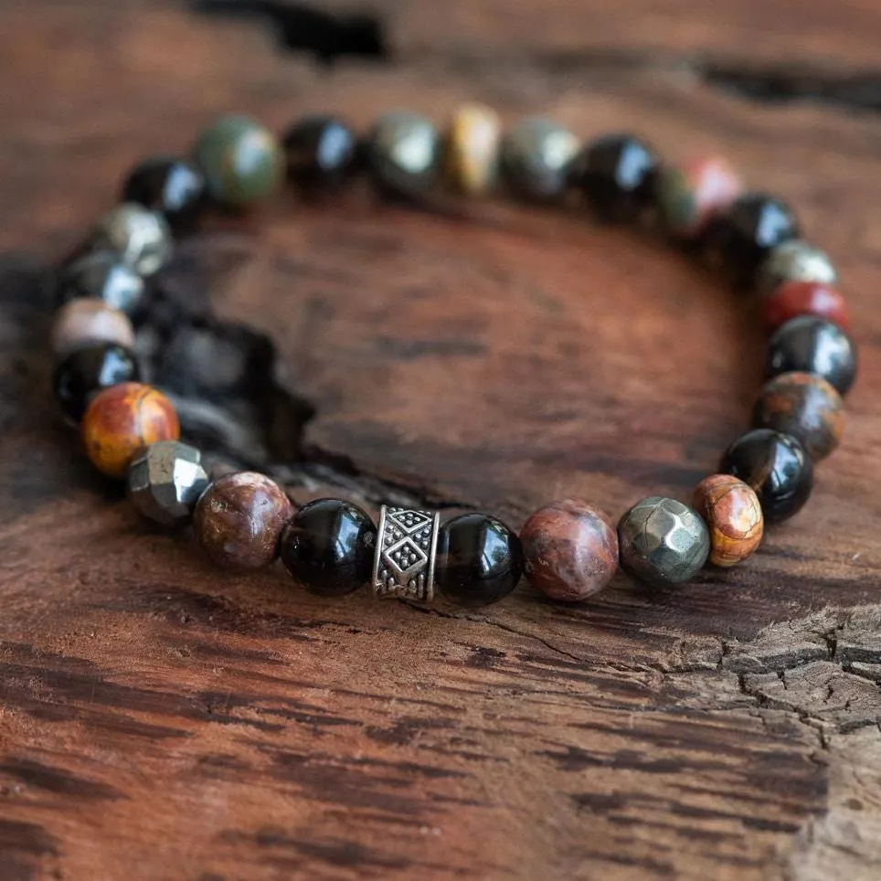 Harmony and Vitality:Unisex Boho Bracelet : Red Creek Jasper, Pyrite, Smoky Quartz, Sugilite