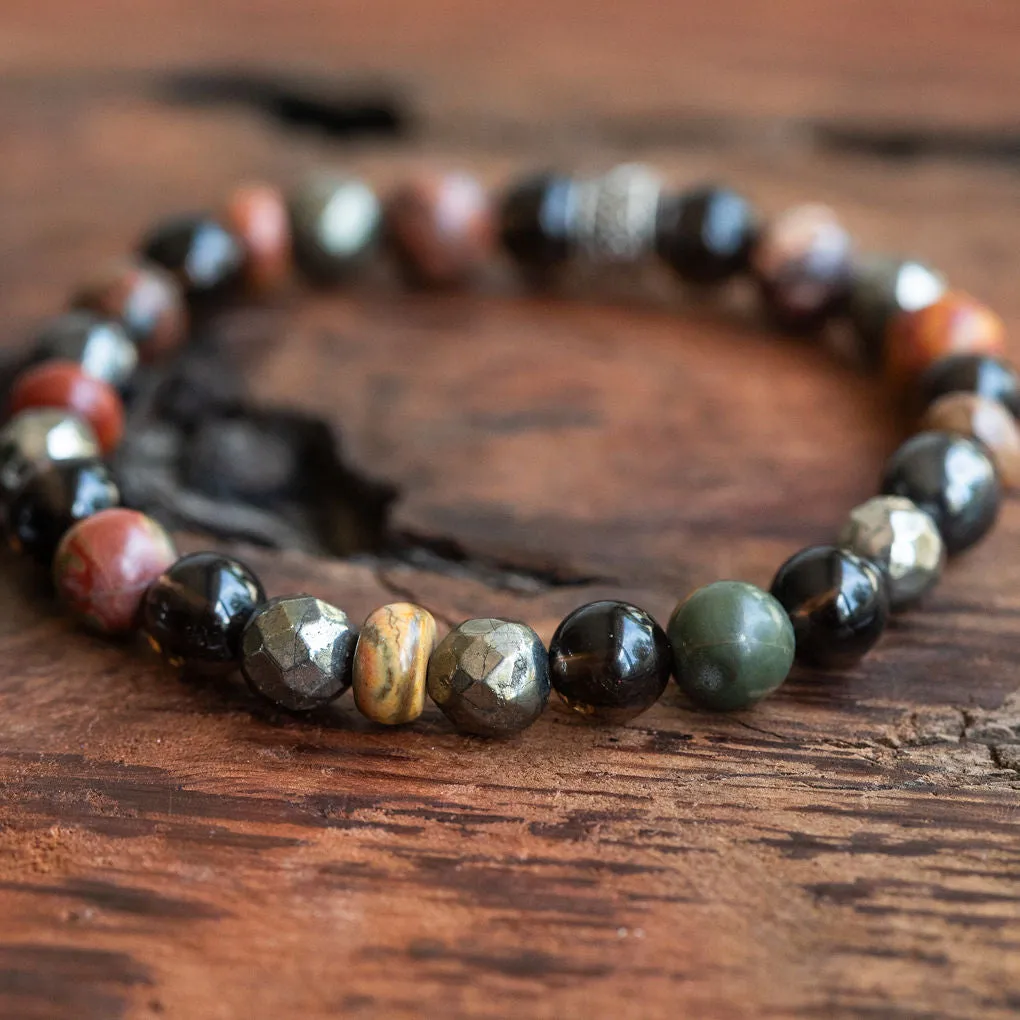 Harmony and Vitality:Unisex Boho Bracelet : Red Creek Jasper, Pyrite, Smoky Quartz, Sugilite