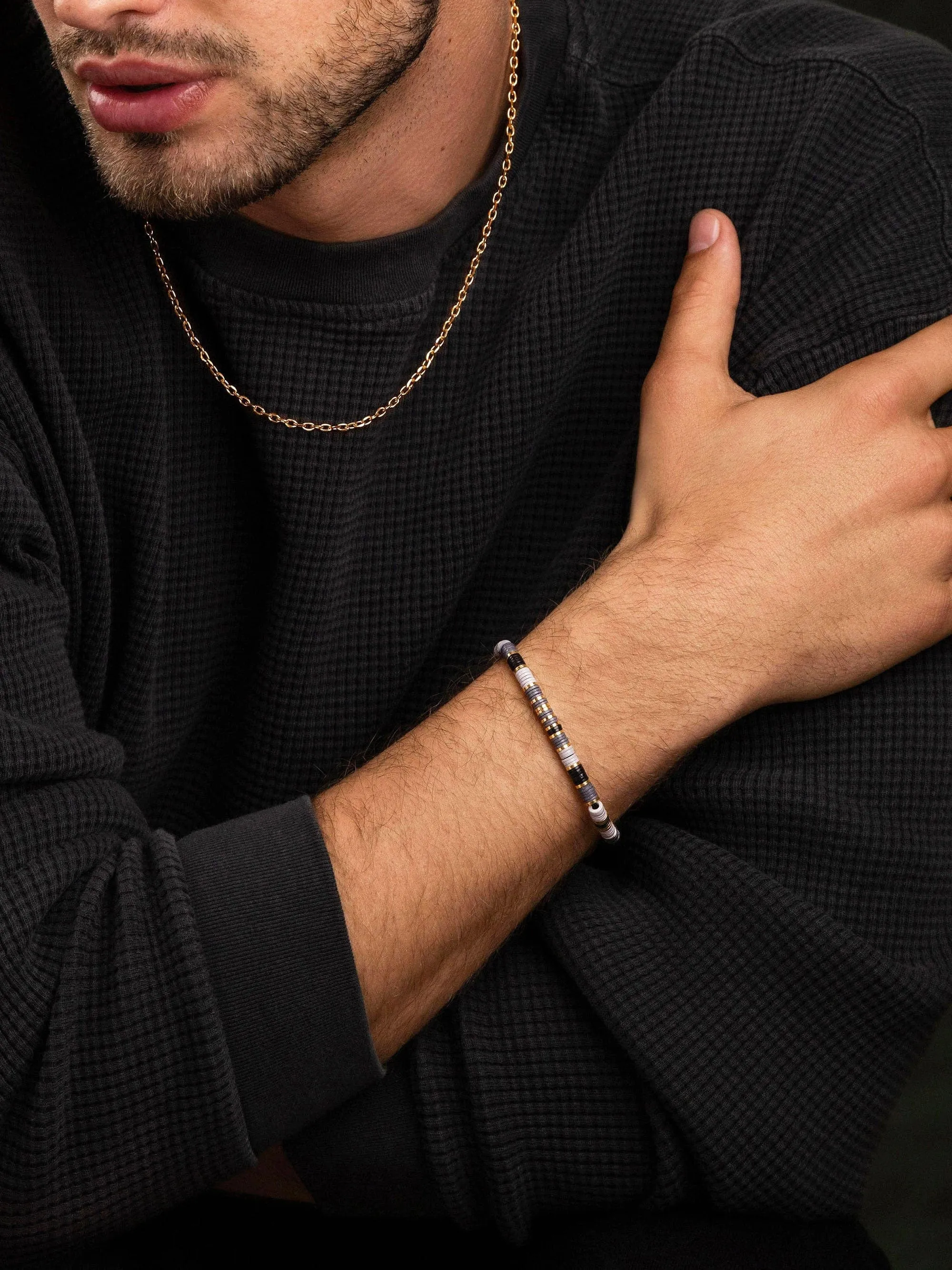 Men's Beaded Bracelet with Grey and Gold Disc Beads