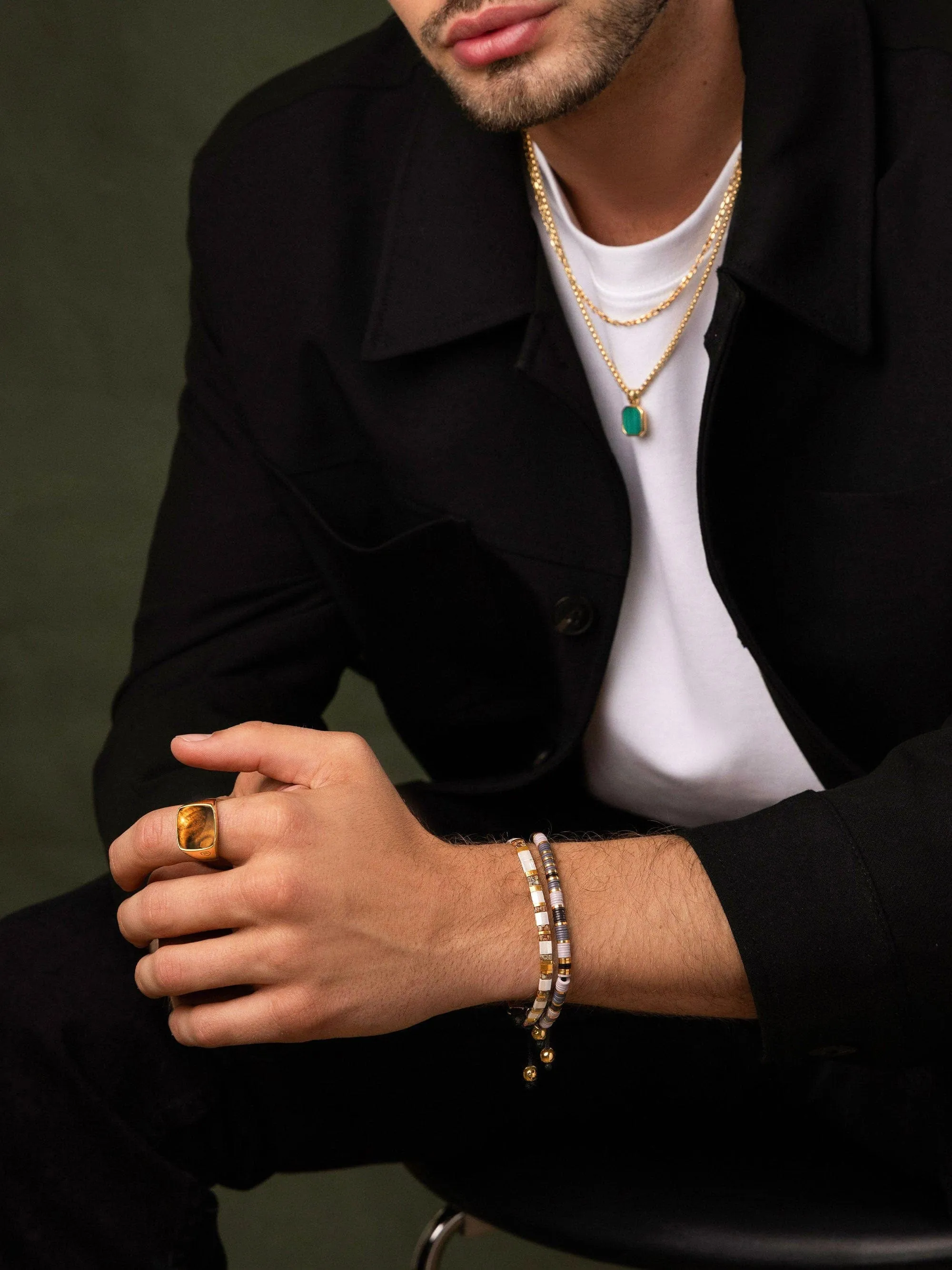 Men's Beaded Bracelet with Grey and Gold Disc Beads