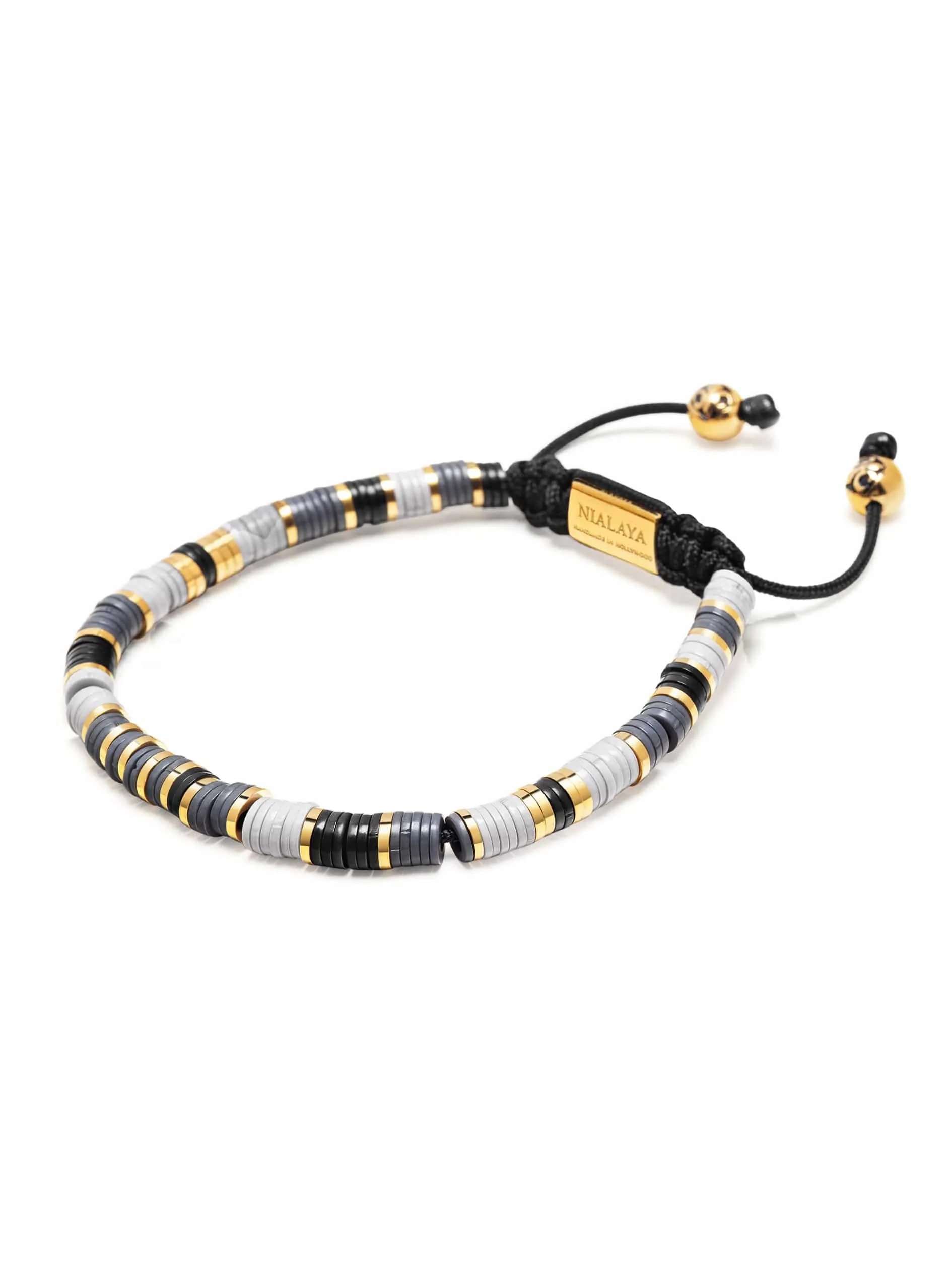 Men's Beaded Bracelet with Grey and Gold Disc Beads