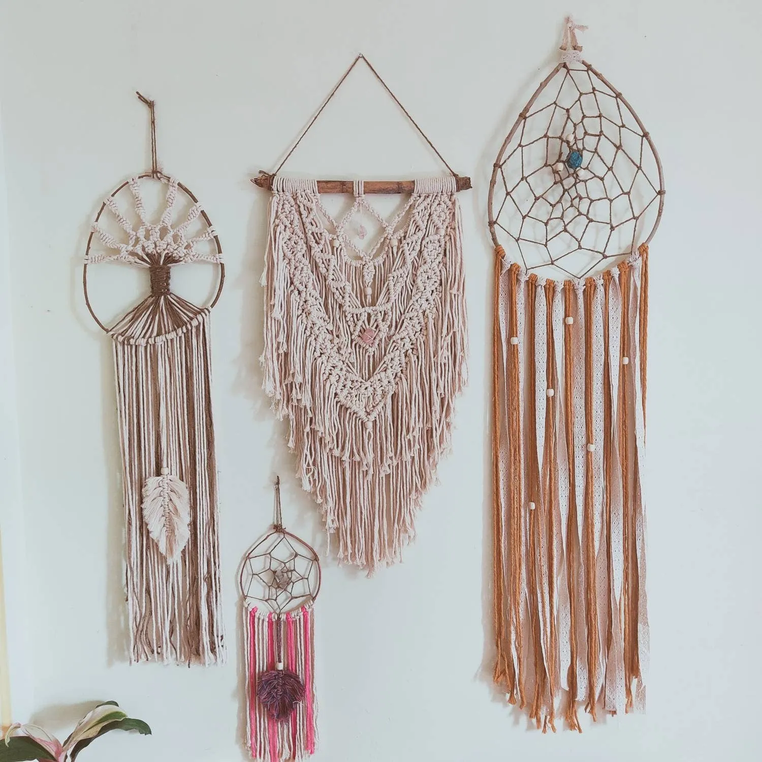 Natural Bohemian Pink Rainbow Macrame Dreamcatcher