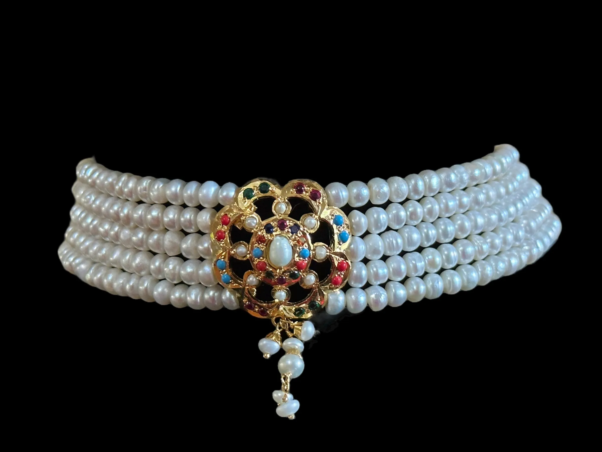 Navratan jadau choker set in fresh water pearls on gold plated silver ( READY TO SHIP )