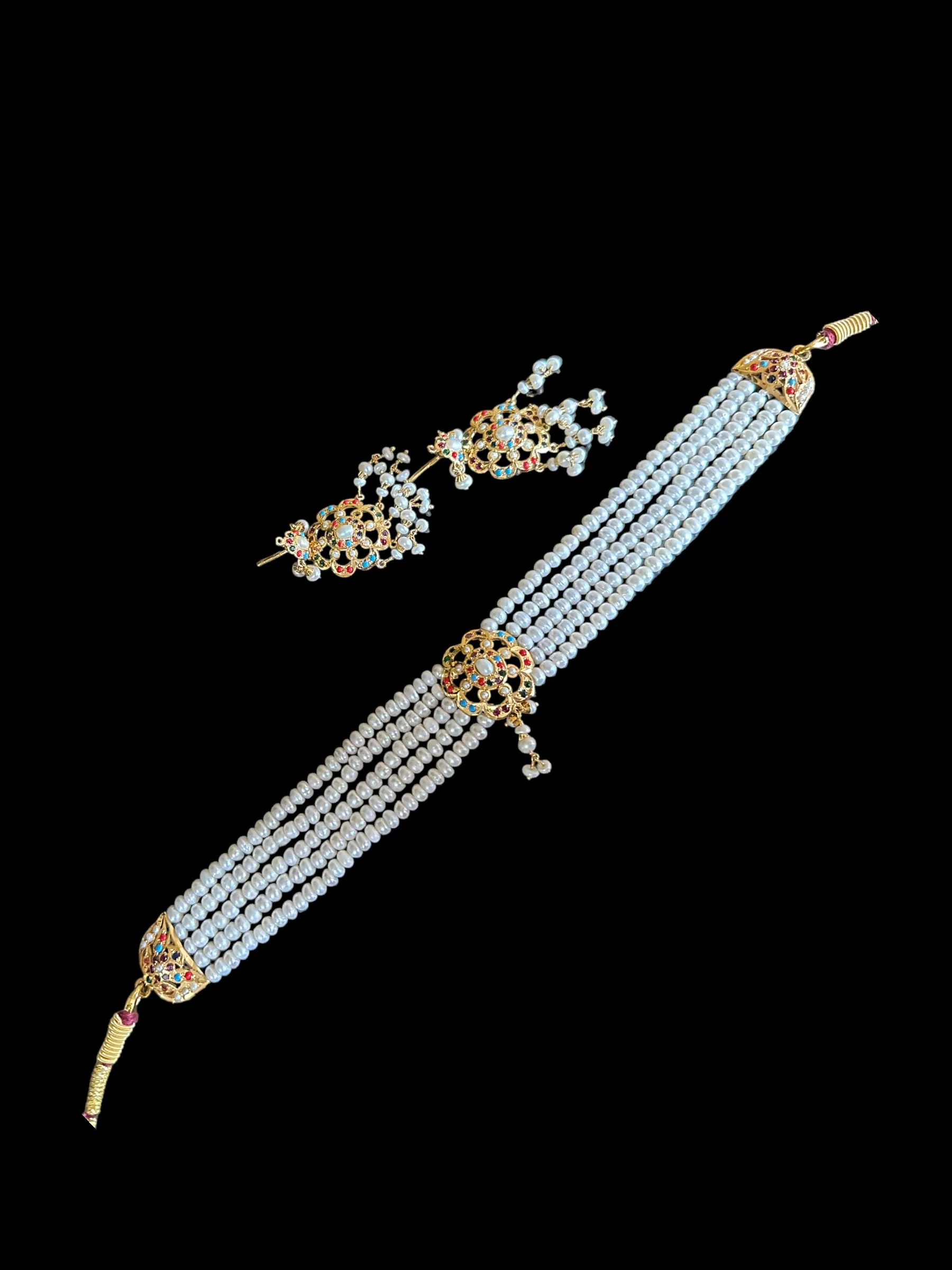 Navratan jadau choker set in fresh water pearls on gold plated silver ( READY TO SHIP )