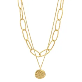 Oval Link Chain and Coin Pendant Layered Necklace gold