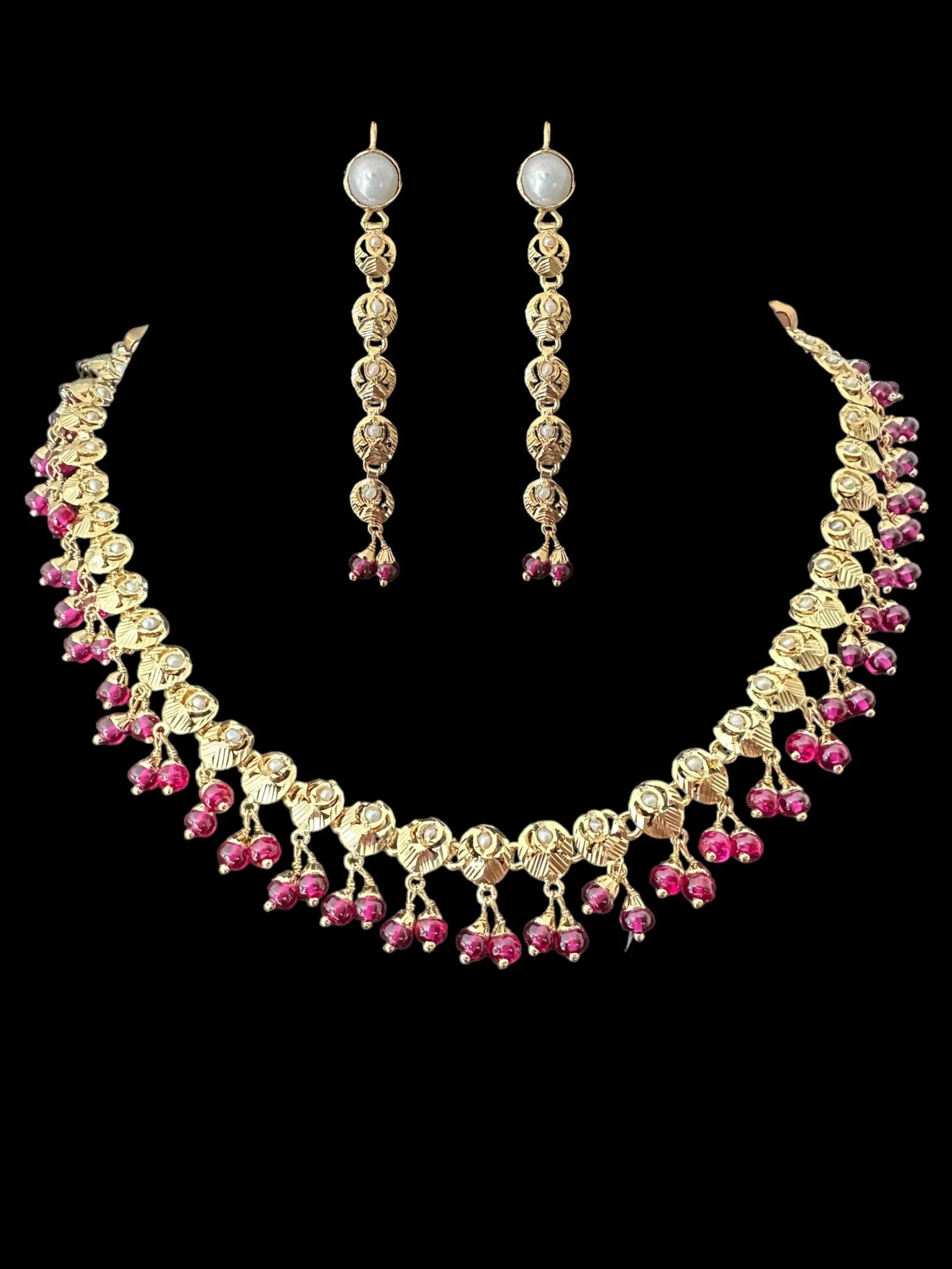 Pearl ruby gold plated silver necklace earrings ( READY TO SHIP )