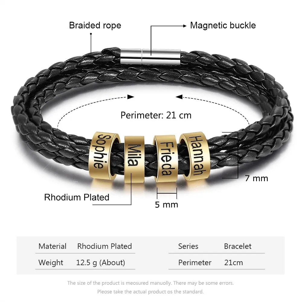 Personalized Multilayer Leather Bracelet -  PU Leather Vintage Name Beads Braided Band